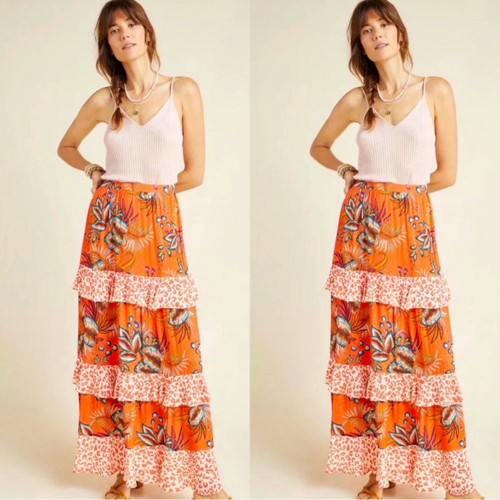 Farm Rio tiered maxi skirt size large Anthropologie orange and white
